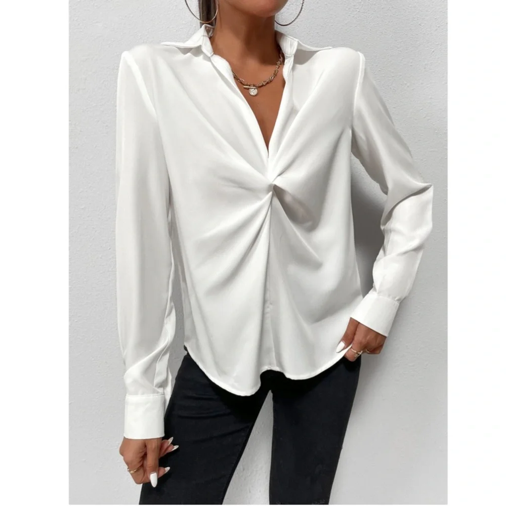 Twist Front White Office Shirt Long Sleeve Collar Neckline V-Neck - Picture 6 of 10